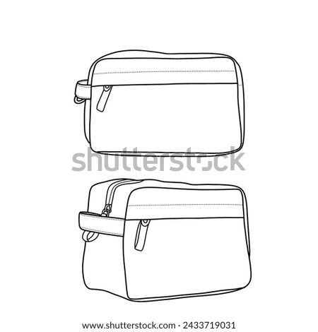 Toiletries bag with handle and zipper. Cosmetic bag with zipper. Outline vector doodle illustration, front, and side view.