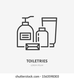 Toiletries, cosmetic flat line icon. Spa hotel service vector illustration. Thin sign of soap bottle, shampoo, lotion, beauty skin care pictogram.