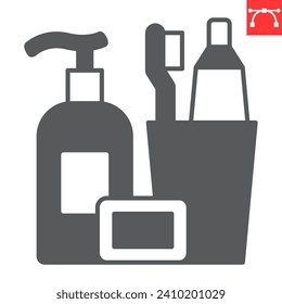 Icono de glifo de productos de tocador, tienda de comestibles y kit de higiene , cepillo de dientes con pasta de dientes y botella de icono vectorial de jabón, gráficos vectoriales, símbolo sólido de trazo editable, eps 10.