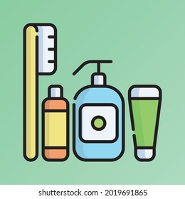 Ilustración del vector de iconos de productos de tocador. Dibujo de esquema plano. Concepto de icono de viajes y turismo Vector Premium aislado