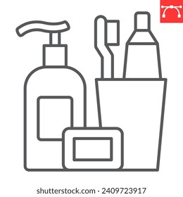 Toiletries line icon, grocery store and hygiene kit , toothbrush with toothpaste and bottle of soap vector icon, vector graphics, editable stroke outline sign, eps 10.