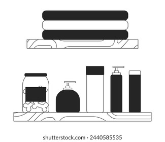Toiletries on shelves black and white 2D line cartoon objects set. Cosmetic products, treats and towels isolated vector outline items collection. Home interior monochromatic flat spot illustrations