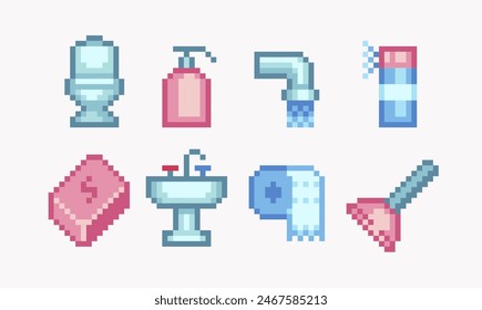 Toilettenartikel Pixel Art Set. Bad Elemente Kollektion. Toilette, Desinfektionsmittel, Toilettenpapier 8 Bit. Spieleentwicklung, mobiles App. Isolierte Vektorillustration. 