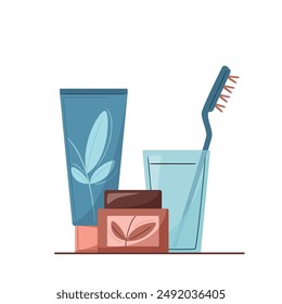 Toiletries set with a cream, tooth paste and a toothbrush. Morning beauty routine concept. Bathroom elements, Hygiene items. Isolated vector illustration.