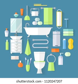 Toiletries set of icons. Vector illustration. Furniture, sanitation, equipment and articles of hygiene for the bathroom.