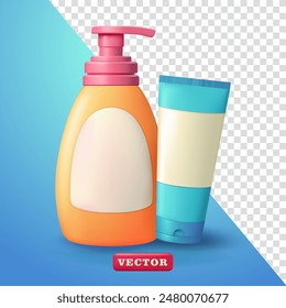 Toiletries, shampoo and facial cleanser bottles, 3d vector. Suitable for design elements