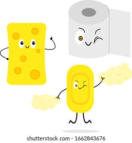 Toiletries soap paper and sponge concept of cleanliness and hygiene objects on a white background