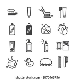 Toiletries vector icon set. Signage for things in the toilet in flat thin linear line style. Included toothbrush, toothpaste, shampoo and conditioner bottle, sponge, soap, spray, foam and cotton buds.