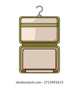 Bolsa de aseo que muestra sus compartimentos abiertos y un gancho colgante, que simboliza la organización del cuidado personal, la eficiencia del embalaje y la higiene mientras viaja