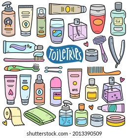 Toiletry, colorful graphics elements and illustrations. Objects vector art such as toothbrush, toothpaste, deodorant, perfume, soap are included in this doodle cartoon set.