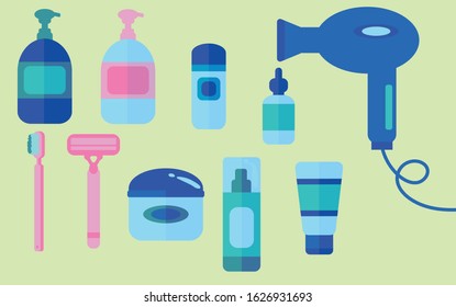 Toiletry item vector set. Graphic colorful icons of beauty products and packaging.