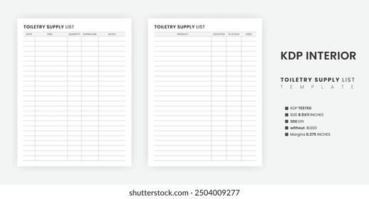 Toiletry Supply List Printable Template, Personal Care Household Inventory List Template, Toiletry Products List 