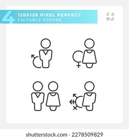 Toilets for different gender groups pixel perfect linear icons set. WC in public place. Restrooms definitions. Customizable thin line symbols. Isolated vector outline illustrations. Editable stroke