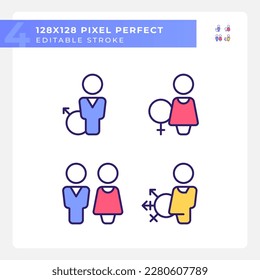 Toilets for different gender groups pixel perfect RGB color icons set. WC in public place. Restrooms definitions. Isolated vector illustrations. Simple filled line drawings collection. Editable stroke