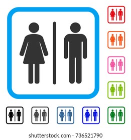 Toilets icon. Flat grey iconic symbol inside a light blue rounded rectangle. Black, gray, green, blue, red, orange color versions of Toilets vector. Designed for web and application interfaces.