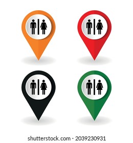 Toilets vector icon. Restroom illustration includes lady and gentleman figures.  Map location position sign, locator symbol flat pictogram.