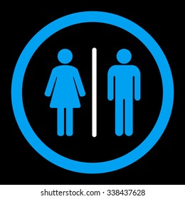 Toilets vector icon. Style is bicolor flat rounded symbol, blue and white colors, rounded angles, black background.