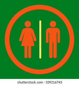Toilets vector icon. Style is bicolor flat rounded symbol, orange and yellow colors, rounded angles, green background.