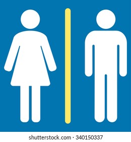 Toilets vector icon. Style is bicolor flat symbol, yellow and white colors, rounded angles, blue background.