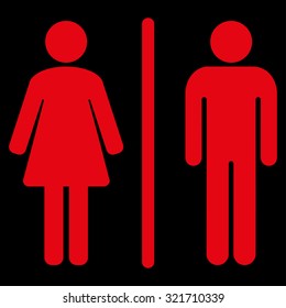 Toilets vector icon. Style is flat symbol, red color, rounded angles, black background.