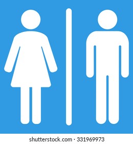 Toilets vector icon. Style is flat symbol, white color, rounded angles, blue background.