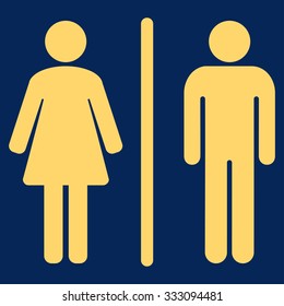 Toilets vector icon. Style is flat symbol, yellow color, rounded angles, blue background.