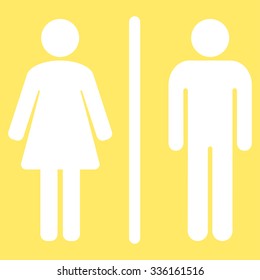 Toilets vector icon. Style is flat symbol, white color, rounded angles, yellow background.