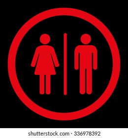 Toilets vector icon. Style is flat rounded symbol, red color, rounded angles, black background.
