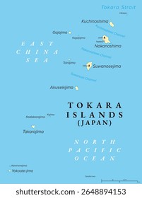 Tokara Islands, island group of Japan, political map. Archipelago in the Nansei Islands, part of the Satsunan Islands and the Ryukyu Archipelago, belonging to Toshima Village, Kagoshima Prefecture.