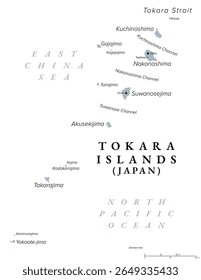 Tokara Islands, island group of Japan, gray political map. Archipelago in the Nansei Islands, part of Satsunan Islands and the Ryukyu Archipelago, belonging to Toshima Village, Kagoshima Prefecture.