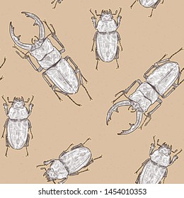 Tokara red stag beetle (Prosopocoilus dissimilis) in Tokara Island, Japan. hand draw sketch seamless pattern vector. Male and female.