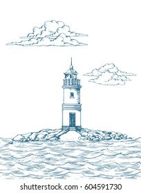Tokarevskiy lighthouse in Vladivostok. Vector illustration. Traced image. Sea. It can be used as background on the web site or in the design of postcards, leaflets and other printed products