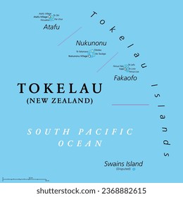 Tokelau, dependant territory of New Zealand, political map. Archipelago in the South Pacific consisting of tropical coral atolls Atafu, Nukunonu and Fakaofo. The Swains Island is territorial disputed.