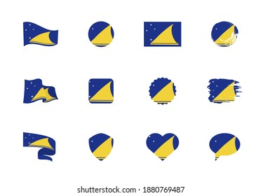 Tokelau flag - flat collection. Flags of different shaped twelve flat icons. Vector illustration set