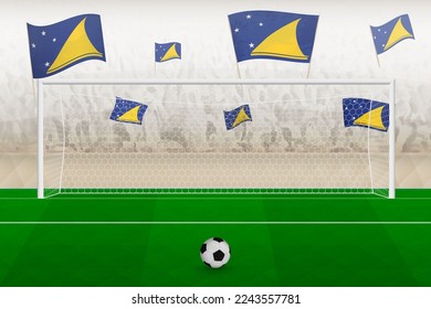 Tokelau football team fans with flags of Tokelau cheering on stadium, penalty kick concept in a soccer match. Sports vector illustration.