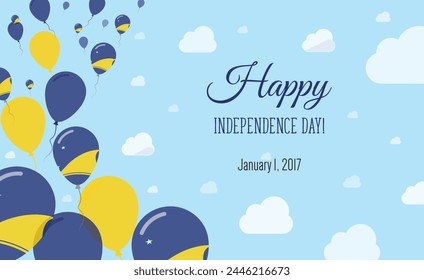 Tokelau Independence Day Sparkling Patriotic Poster. Row of Balloons in Colors of the Tokelauan Flag. Greeting Card with National Flags, Blue Skyes and Clouds.