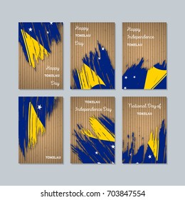 Tokelau Patriotic Cards for National Day. Expressive Brush Stroke in Flag Colors on kraft paper background. Vector Greeting Card.