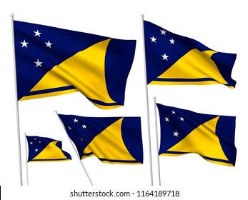Tokelau vector flags set. 5 different wavy fabric 3D flags fluttering on the wind. EPS 8 created using gradient meshes isolated on white background. Five design elements from world collection