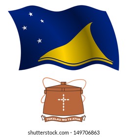 tokelau wavy flag and coat of arm against white background, vector art illustration, image contains transparency