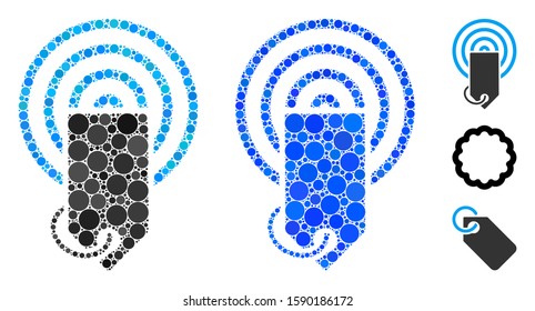 Token airdrop composition of round dots in various sizes and color tones, based on token airdrop icon. Vector round dots are organized into blue illustration.