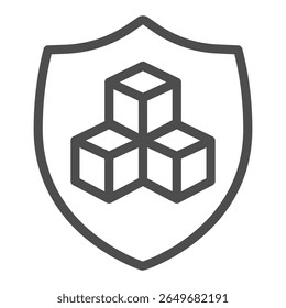 Token asset on shield line icon, NFT multiverse concept. Vector graphics. Crypto assets defense emblem, safety sign on white background, outline style icon for mobile or web design