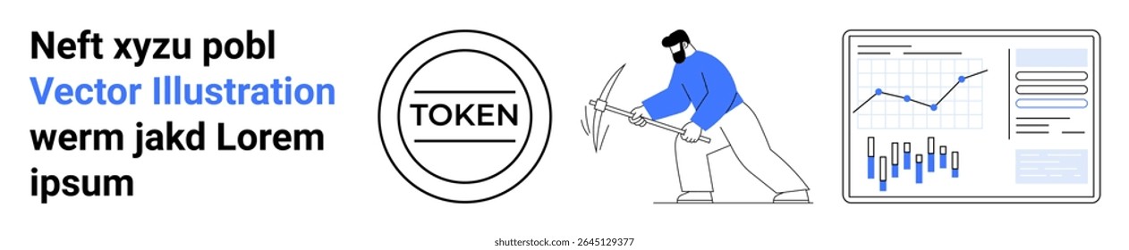 SÍMBOLO em círculo, homem de mineração com picareta, gráfico financeiro e gráfico de barras. Ideal para criptomoeda, blockchain, ativos digitais, análise de dados, fintech, tecnologia financeira, ferramentas de investimento. Aterrissagem