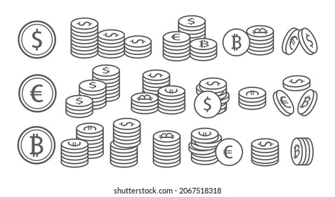 Token coin icons. Line coin money icon set, cash business finances banking signs collection, euro dollar bitcoin monetary stacks piles currency stroke vector pictograms