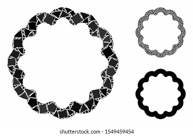 Token composition of raggy parts in various sizes and color tones, based on token icon. Vector bumpy parts are grouped into composition. Token icons collage with dotted pattern.