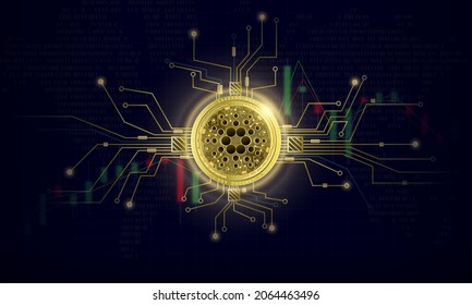 Token Cryptocurrency Cardano, Gold Coin Symbol On Future Internet Cashless Currency Wallet Safe Trade On Digital Online Technology Blockchain Stock Market Disrupt Transform Financial Bank. 3D Vector.