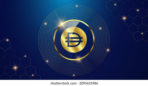 Token cryptocurrency Dai, Gold coin symbol in shiny gold circle.