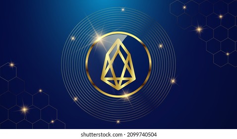 Token cryptocurrency EOS, Gold coin symbol in shiny gold circle.
