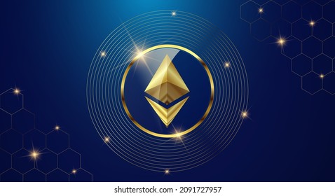 Token cryptocurrency Ethereum ( ETH ), Gold coin symbol in shiny gold circle.