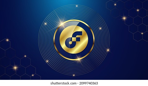 Token cryptocurrency FLOW, Gold coin symbol in shiny gold circle.