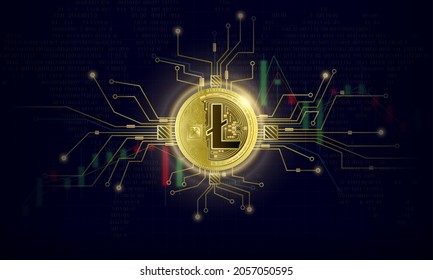 Token cryptocurrency Litecoin, Gold coin symbol on future internet cashless currency wallet safe trade on digital online technology blockchain stock market disrupt transform financial bank. 3D vector.